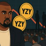 カニエ・ウェストとYZYコインのイラスト、背景に下落チャートと群衆