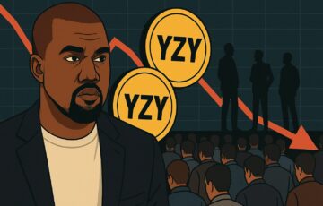 カニエ・ウェストとYZYコインのイラスト、背景に下落チャートと群衆