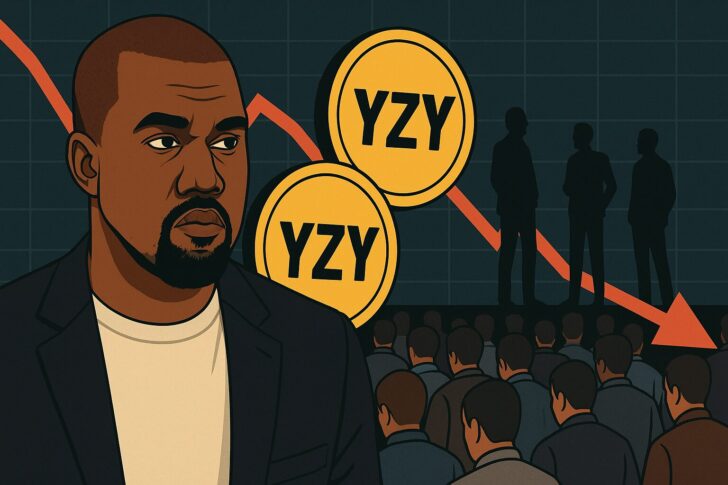 カニエ・ウェストとYZYコインのイラスト、背景に下落チャートと群衆
