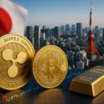 東京の都市景観を背景に並ぶXRPコイン、ビットコイン、金塊