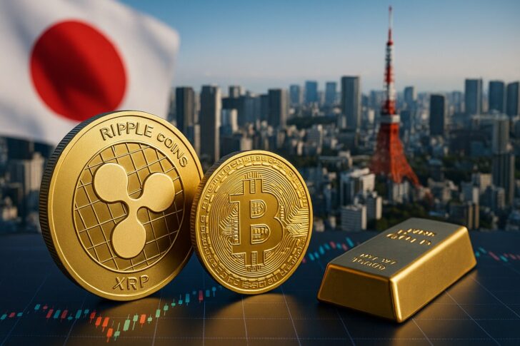 東京の都市景観を背景に並ぶXRPコイン、ビットコイン、金塊