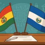 ボリビアとエルサルバドルの国旗が並ぶテーブル上に協定書が置かれているイラスト