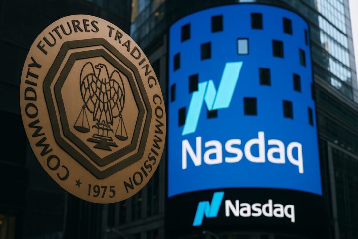 米商品先物取引委員会（CFTC）のロゴとナスダックの看板が並ぶイメージ