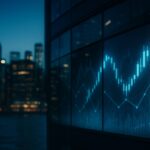 夜の金融街で、ガラス張りの高層ビルに発光する株価チャートが映し出されている様子