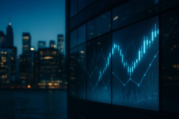 夜の金融街で、ガラス張りの高層ビルに発光する株価チャートが映し出されている様子