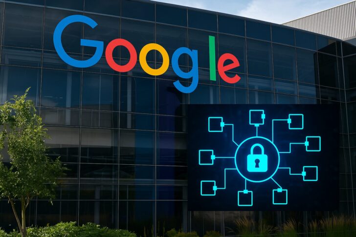 Google本社を背景に、Google CloudのブロックチェーンGCULを象徴するイメージ
