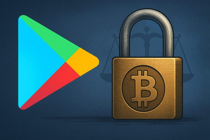 Google Playロゴとスマートフォン画面、仮想通貨アプリ規制強化を象徴するイメージ