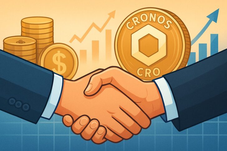 握手を象徴的に描いたイラスト。トランプメディアとCrypto.comの提携をイメージしたビジュアル。