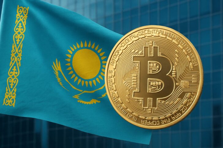 カザフスタン国旗とビットコインのコインが並ぶイメージ、中央アジア初の現物型ビットコインETF上場を象徴