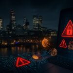 夜の金融街のビル群に赤い警告アイコンとビットコインの下落チャートが重なる、サイバー攻撃を示すイメージ