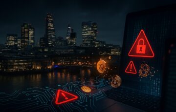夜の金融街のビル群に赤い警告アイコンとビットコインの下落チャートが重なる、サイバー攻撃を示すイメージ