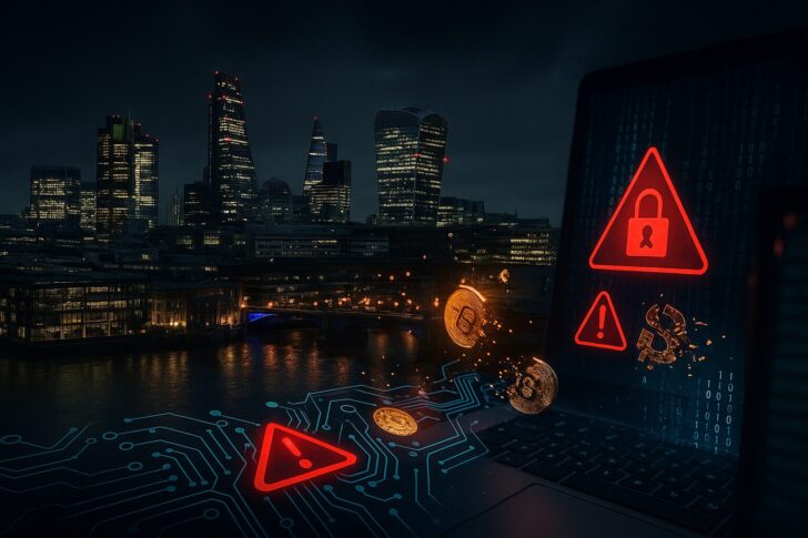 夜の金融街のビル群に赤い警告アイコンとビットコインの下落チャートが重なる、サイバー攻撃を示すイメージ