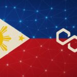 フィリピン国旗を背景にブロックチェーンのノードとポリゴンのロゴが描かれたデジタルイメージ