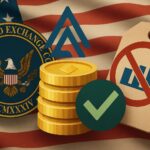SECの象徴とステーキングを表すビジュアル、仮想通貨が証券に該当しないとする声明を示唆する構図