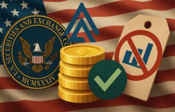 SECの象徴とステーキングを表すビジュアル、仮想通貨が証券に該当しないとする声明を示唆する構図