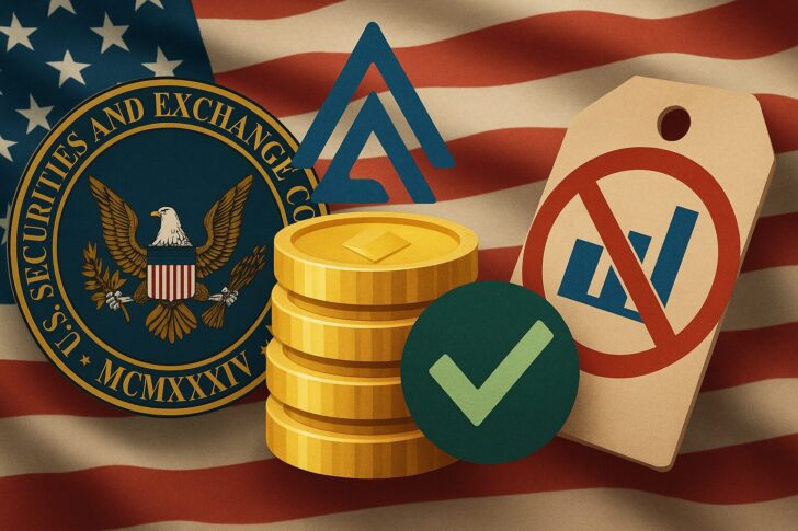 SECの象徴とステーキングを表すビジュアル、仮想通貨が証券に該当しないとする声明を示唆する構図