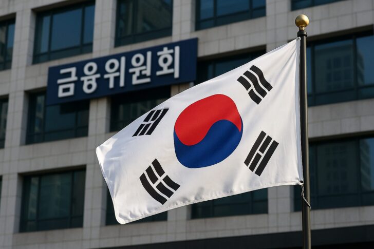 韓国国旗と金融規制を象徴するイメージ、仮想通貨貸付サービス停止を表現