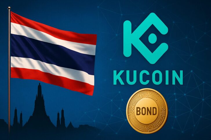 タイ国旗とブロックチェーンを背景に、トークン化国債を象徴するイメージ