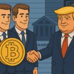 ウィンクルボス兄弟とトランプ家関係者を描いたビットコインマイニング企業イメージイラスト