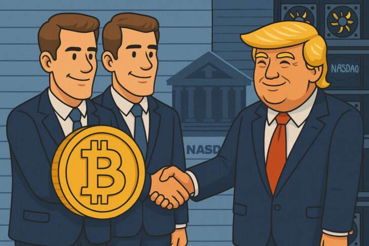 ウィンクルボス兄弟とトランプ家関係者を描いたビットコインマイニング企業イメージイラスト