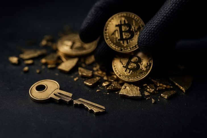 破壊された鍵と仮想通貨の損失を象徴するイメージ