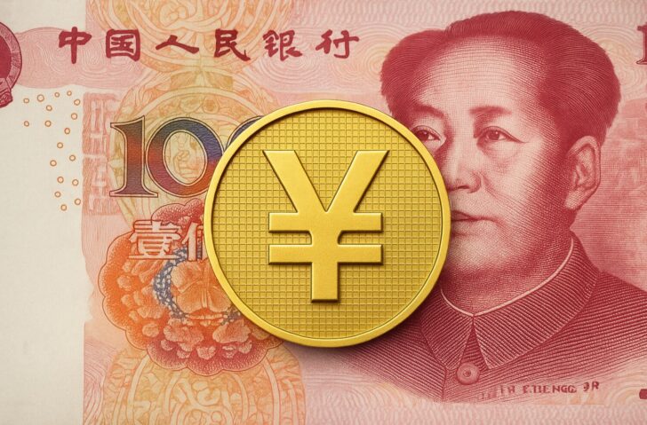 中国が人民元建てステーブルコインを承認する可能性を示すイメージ、人民元とデジタル通貨を象徴する構図