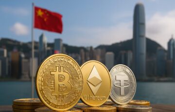 香港のスカイラインとビットコイン、イーサリアム、テザーのコイン