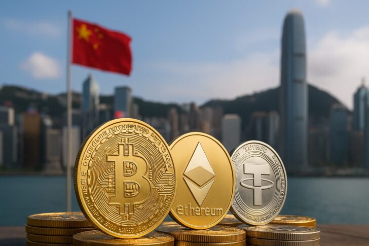香港のスカイラインとビットコイン、イーサリアム、テザーのコイン