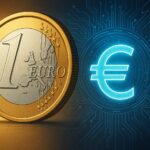 ユーロ硬貨とデジタルユーロシンボルが対比されたアイキャッチ画像