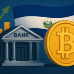 エルサルバドルの国旗と銀行、ビットコインの象徴が描かれた投資銀行制度を表すイラスト