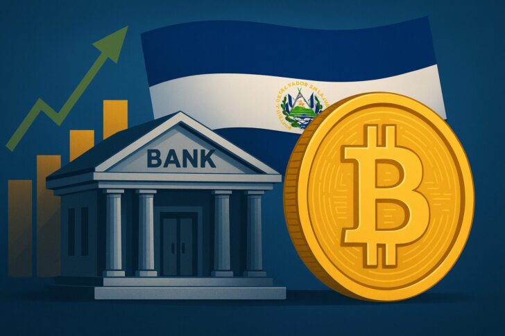 エルサルバドルの国旗と銀行、ビットコインの象徴が描かれた投資銀行制度を表すイラスト