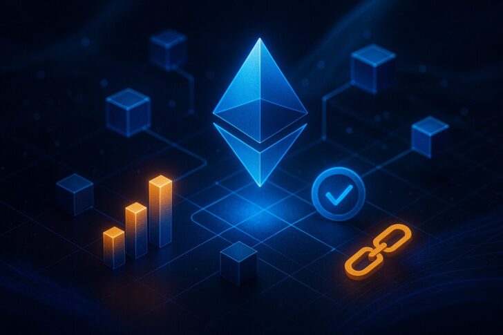分散型金融（DeFi）とブロックチェーンのつながりを象徴する未来的なビジュアル