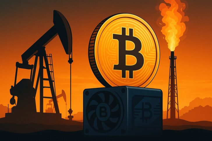 ユニオンジャックオイルがガス資源活用のために検討するビットコイン採掘をイメージした抽象的イラスト
