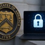 米財務省の建物とデジタルIDを象徴する指紋認証の合成イメージ