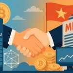 ベトナムの首都ハノイを背景に、仮想通貨と金融を象徴するデジタルイメージ