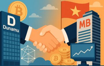 ベトナムの首都ハノイを背景に、仮想通貨と金融を象徴するデジタルイメージ