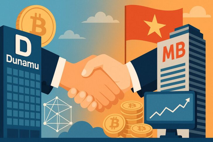 ベトナムの首都ハノイを背景に、仮想通貨と金融を象徴するデジタルイメージ