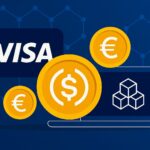 Visaがステーブルコイン対応を拡大し、複数のブロックチェーンと仮想通貨に対応する様子を表現したビジュアル