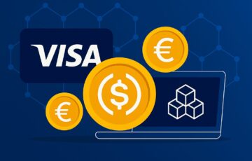 Visaがステーブルコイン対応を拡大し、複数のブロックチェーンと仮想通貨に対応する様子を表現したビジュアル