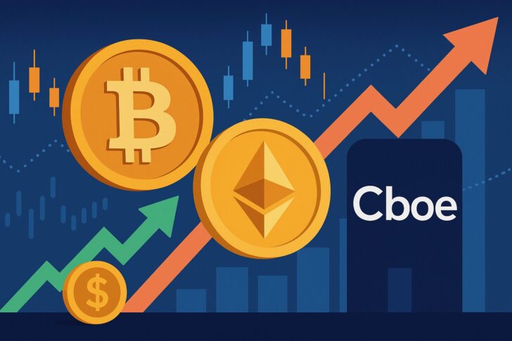 ビットコインとイーサリアムの連続先物取引を象徴する抽象的なイラスト
