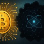量子コンピューティングによる脅威に直面するビットコインを象徴的に描いたデジタルイラスト