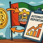 アラブ首長国連邦の象徴的な建物と国旗を背景に、仮想通貨規制と国際協定をイメージしたイラスト