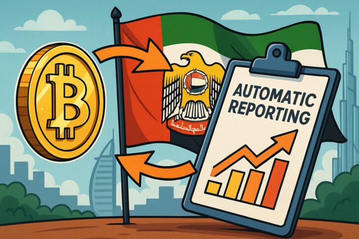 アラブ首長国連邦の象徴的な建物と国旗を背景に、仮想通貨規制と国際協定をイメージしたイラスト