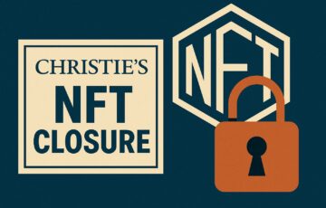 NFT部門閉鎖を示すクリスティーズのパネルとロックアイコンの横長デジタルイラスト