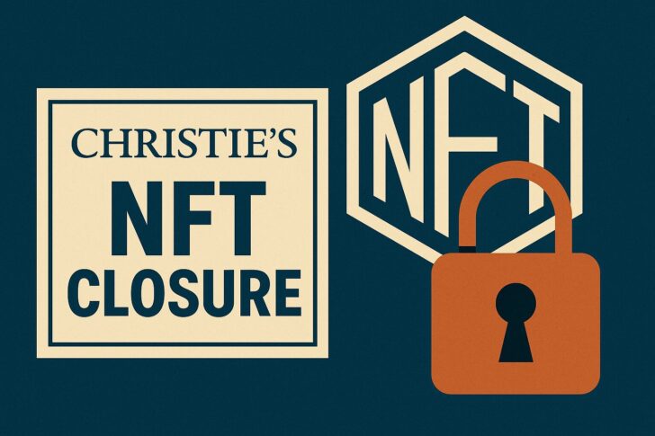 NFT部門閉鎖を示すクリスティーズのパネルとロックアイコンの横長デジタルイラスト