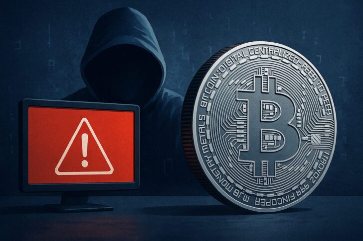 仮想通貨のセキュリティリスクを象徴するビットコインのデジタルイラスト