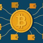 金色のビットコインが複数のデジタルウォレットに分散されているイメージのイラスト