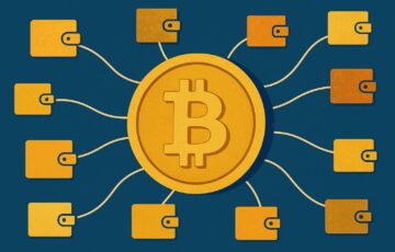 金色のビットコインが複数のデジタルウォレットに分散されているイメージのイラスト