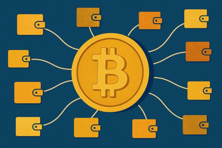 金色のビットコインが複数のデジタルウォレットに分散されているイメージのイラスト