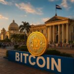エルサルバドルの都市風景とビットコインを象徴する抽象的なイラスト